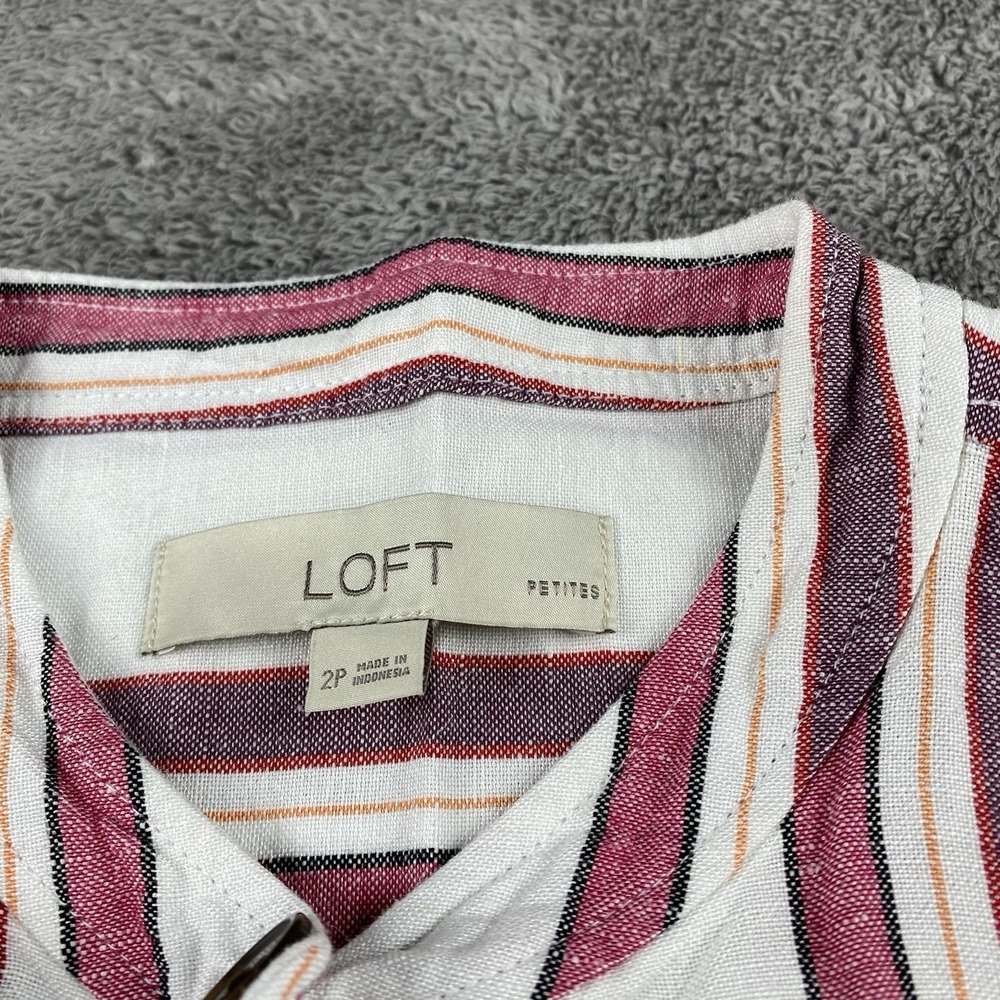 LOFT Linen Shift Dress Button Down Tie Belt Womens 2P Petite Striped White Pink - Picture 8 of 13